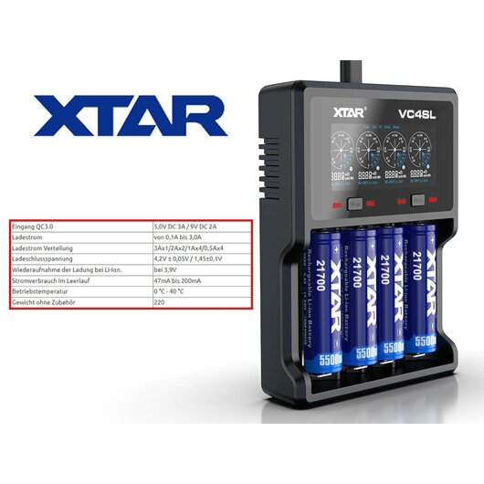 XTAR VC4SL QC3.0 Ladegert fr Li-Ionen 3,6 - 3,7V & NiMH 1,2V